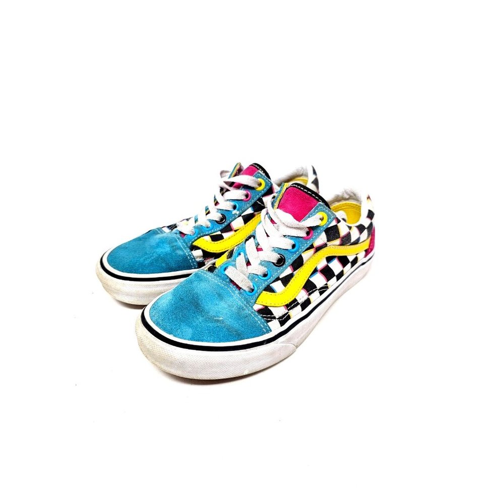 Vans Mens 4 Women 5.5 Low Top Neon Checkered Flag Yellow Blue Good